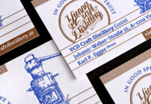 Visitenkarten der Vienna Craft Distillery zeigen eine Illustration eines blauen Vintage-Destillierapparats, die im Buchdruckverfahren hergestellt wurde. Das Logo „Vienna Craft Distillery“ ist in eleganter Schrift gehalten. Kontaktdaten: Website und Adresse: Johann-Weber-Straße 35A, Wien.