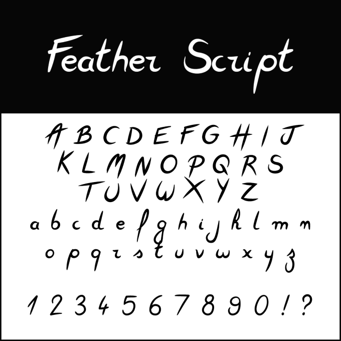 Entdecken Sie die Schriftart „Feather Script“ – ein elegantes, kursives Design, perfekt für Hochzeitsschriften. Mit Groß- und Kleinbuchstaben, den Zahlen 0-9 und Satzzeichen hebt sie sich wunderschön vom schwarz-weißen Hintergrund ab.