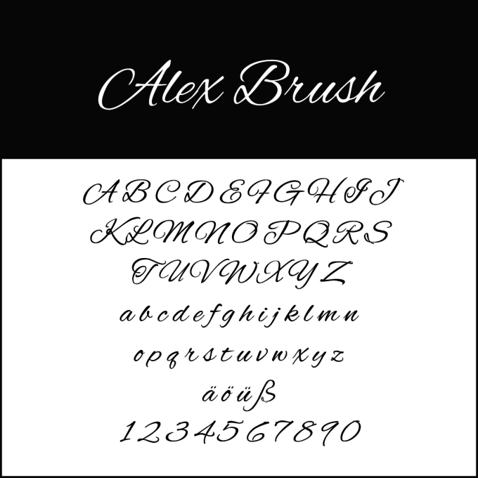 Ein Schriftbeispiel für „Alex Brush“ mit dem gesamten Alphabet in Groß- und Kleinbuchstaben, den Zahlen 0-9 und Sonderzeichen. Dieser elegante Schreibstil eignet sich mit seinem kursiven Design und den weichen, fließenden Linien perfekt für Hochzeitsschriften.