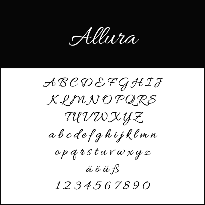 Ein Beispiel der Schriftart Allura wird angezeigt und zeigt ihre Eleganz in Schreibschrift und Sonderzeichen wie ä, ü, ß. Diese Hochzeits-Schriftarten-Schriftart besticht durch einen raffinierten und fließenden Stil mit den Ziffern 0-9 in Groß- und Kleinschreibung.
