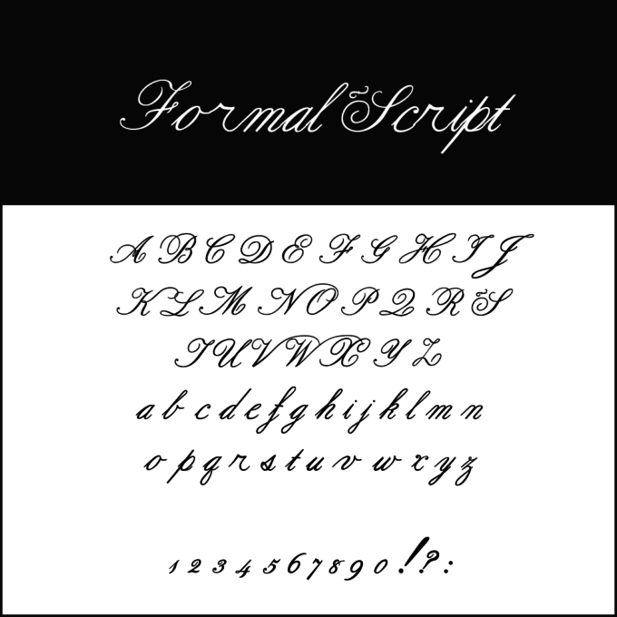 Das Bild zeigt eine Schreibschrift namens „Formal Script“, perfekt für Hochzeitsschriften. Sie enthält Groß- und Kleinbuchstaben von A bis Z, die Zahlen von 1 bis 9 sowie Satzzeichen: Ausrufezeichen, Fragezeichen und Doppelpunkt. Die Großbuchstaben sind verzierter als die Kleinbuchstaben.