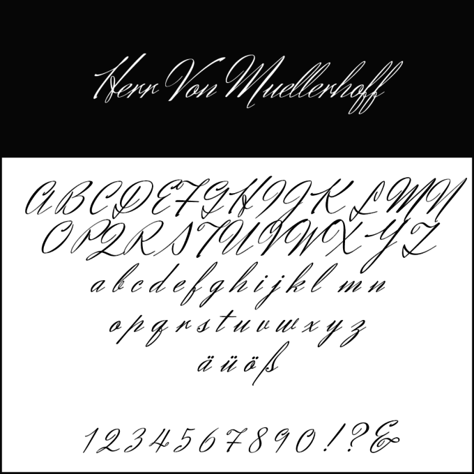 Elegante, kursive Schreibschrift, perfekt für Hochzeits-Schriftarten, mit Groß- und Kleinbuchstaben, Sonderzeichen und den Ziffern 0-9. Der Schriftname „Herr Von Muellerhoff“ wird oben in einer fetten, schwarzen Überschrift angezeigt.