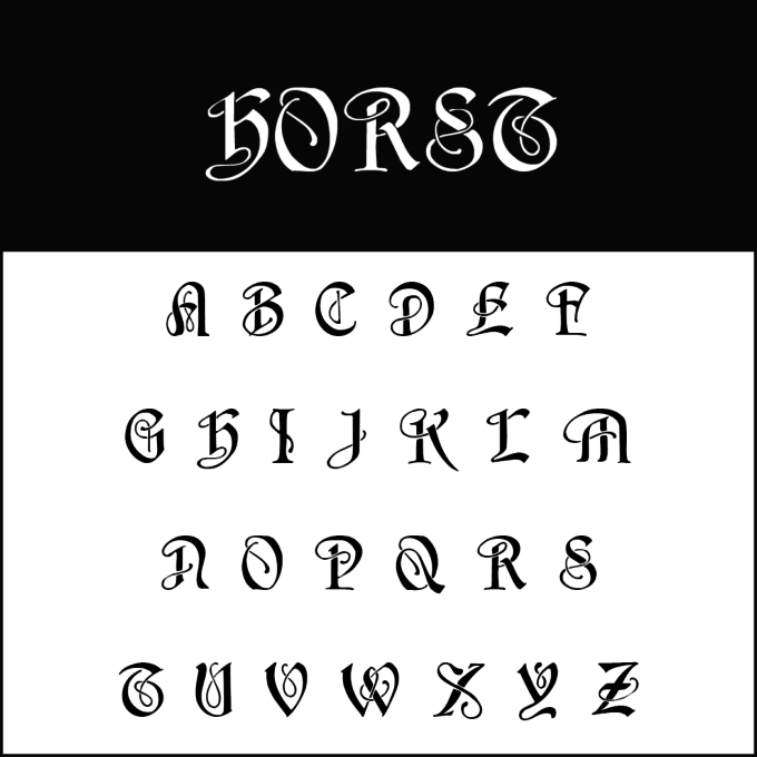 Eine Darstellung des dekorativen Frakturalphabets, mit dem Schriftzug „HORST“ in eleganter Hochzeitsschriftart oben. Darunter ist das Großbuchstabenalphabet von A bis Z in ähnlich kunstvollem Stil in drei Reihen auf weißem Hintergrund angeordnet.