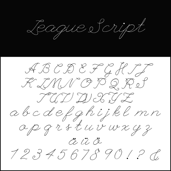 Erleben Sie die Eleganz von „League Script“, einer handgeschriebenen Schreibschrift, die sich ideal für Hochzeitsschriften eignet. Sie präsentiert Groß- und Kleinbuchstaben von A bis Z, die Zahlen von 0 bis 9 sowie die Sonderzeichen ä, ö und ü auf einem markanten schwarzen Hintergrund mit weißem Text und bietet zeitlose Eleganz.