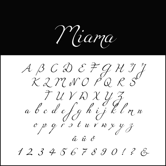 Elegante schwarze Schreibschrift mit Groß- und Kleinbuchstaben, Zahlen und Sonderzeichen. Ideal für Hochzeitsschriften, präsentiert dieses atemberaubende Design den Namen „Miama“ oben.