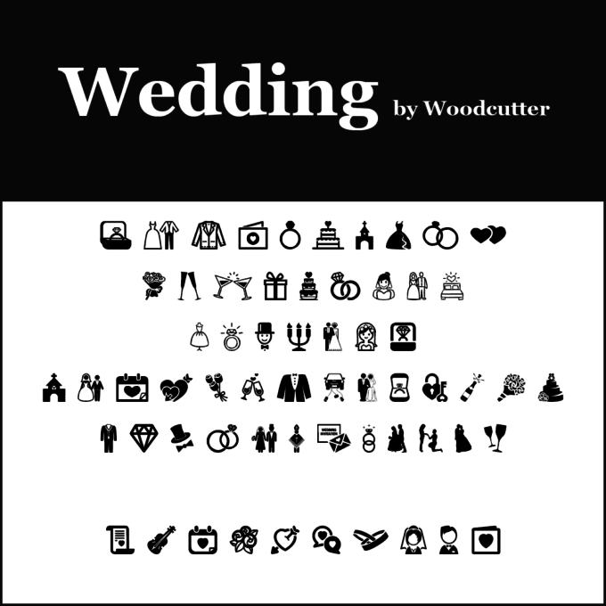Eine Sammlung verschiedener schwarzer Hochzeitssymbole auf weißem Hintergrund, angereichert mit eleganten Hochzeits-Schriftarten. Zu den Symbolen gehören Eheringe, Torten, Paare, Blumen, Geschenke, Tauben und mehr. Der Titel „Hochzeit von Woodcutter“ wird oben auf schwarzem Hintergrund angezeigt.