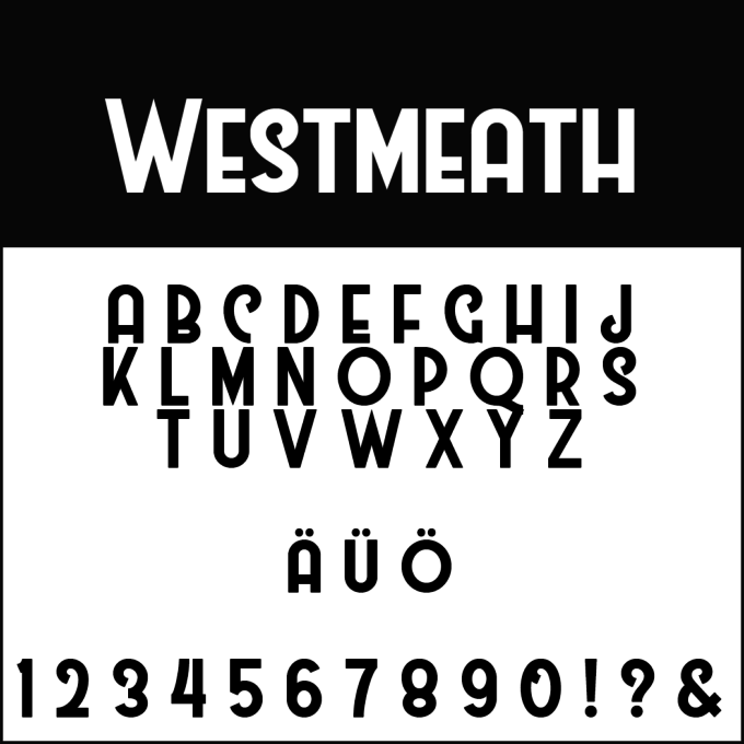 Das Bild zeigt die Schriftart „Westmeath“, die sich perfekt für Hochzeitsschriften eignet. Sie zeichnet sich durch fette Großbuchstaben von A bis Z, die Sonderzeichen Ä und Ö sowie die Ziffern 0 bis 9 aus. Symbole wie Ausrufezeichen, Fragezeichen und Et-Zeichen werden in einem auffälligen Stil hervorgehoben.