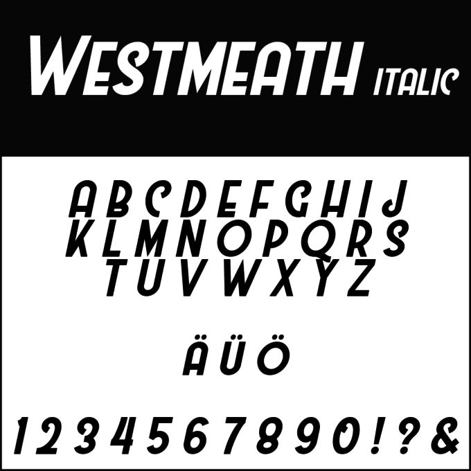 Das Bild zeigt die Schriftart „Westmeath Italic“, einen Stil, der häufig in Hochzeitsschriften verwendet wird. Sie enthält die Großbuchstaben A bis Z, die Umlaute Ä und Ö, die Ziffern 0 bis 9 sowie Symbole wie ein Fragezeichen, ein Ausrufezeichen und ein Et-Zeichen.