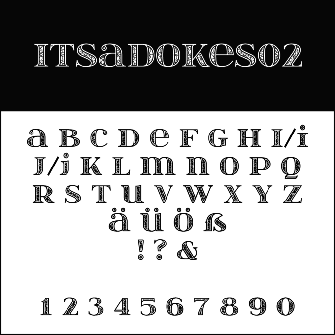 Ein Schwarzweißbild mit einem Schriftbeispiel namens „Itsadokes02“, ideal für Hochzeitsschriften. Es enthält Groß- und Kleinbuchstaben, die Ziffern 0-9, Satzzeichen und Sonderzeichen, alles in einem eleganten, dekorativen Serifenstil.