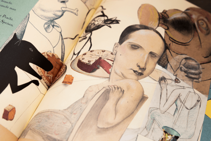 Ein abstraktes Collage-Kunstwerk mit einer zentralen Figur mit menschlichem Gesicht und verschiedenen anderen Elementen, darunter eine Pferdesilhouette, geometrische Formen und surreale Komponenten, die zu einer komplexen Komposition verschmelzen.