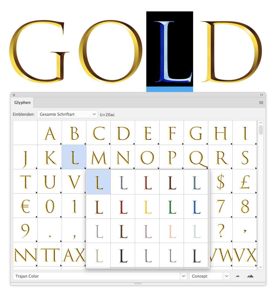 Ein digitales typografisches Bild zeigt das Wort „GOLD“ in einer goldenen Farbverlaufsschrift, wobei der Buchstabe „L“ in einem blauen Farbverlauf hervorgehoben ist. Darunter präsentiert eine Schriftarten-Editor-Oberfläche verschiedene leuchtende Schriftarten und Glyphen, wobei goldene und farbige Zeichen hervorgehoben werden.