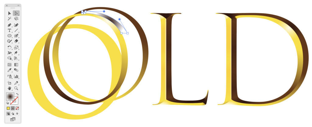 Eine digitale Grafik zeigt das Wort „OLD“ in einem gold-braunen Farbverlauf mit farbigen Schriftarten. Der Buchstabe „O“ überlappt sich mit weiteren Formen, während links Bearbeitungswerkzeuge verweilen und auf laufende Design- oder Illustrationsarbeiten hinweisen.