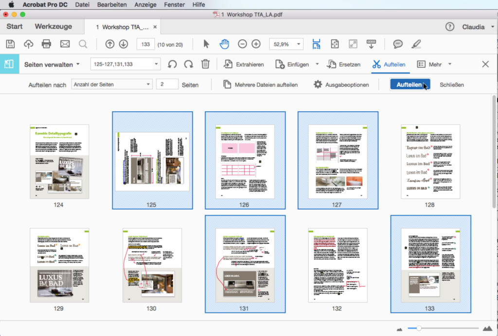 Um zusammengefügte PDFs wieder aufzuteilen, gibt es die Option "Aufteilen" ...