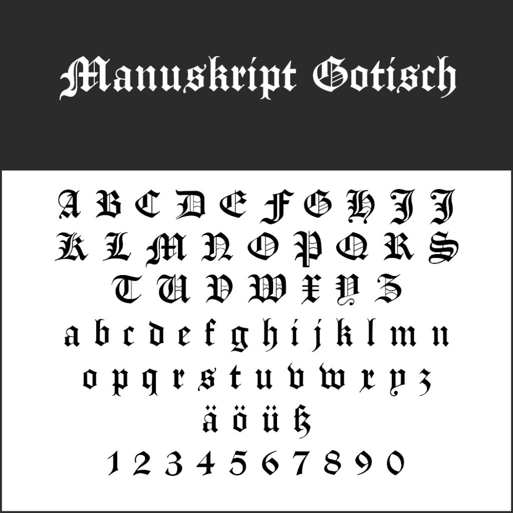 Eine Darstellung der Schriftart „Manuskript Gotisch“ im Frakturstil. Sie enthält Groß- und Kleinbuchstaben, Sonderzeichen mit Umlauten sowie die Ziffern 1 bis 9 und 0.
