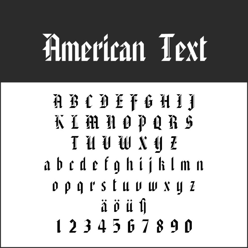 Eine Anzeige im Frakturstil besteht aus zwei Zeilen: „Amerikanischer Text“ oben, darunter das vollständige Alphabet und Zahlen in Schwarz. Großbuchstaben, Kleinbuchstaben und Umlaute sind enthalten, alle auf weißem Hintergrund.