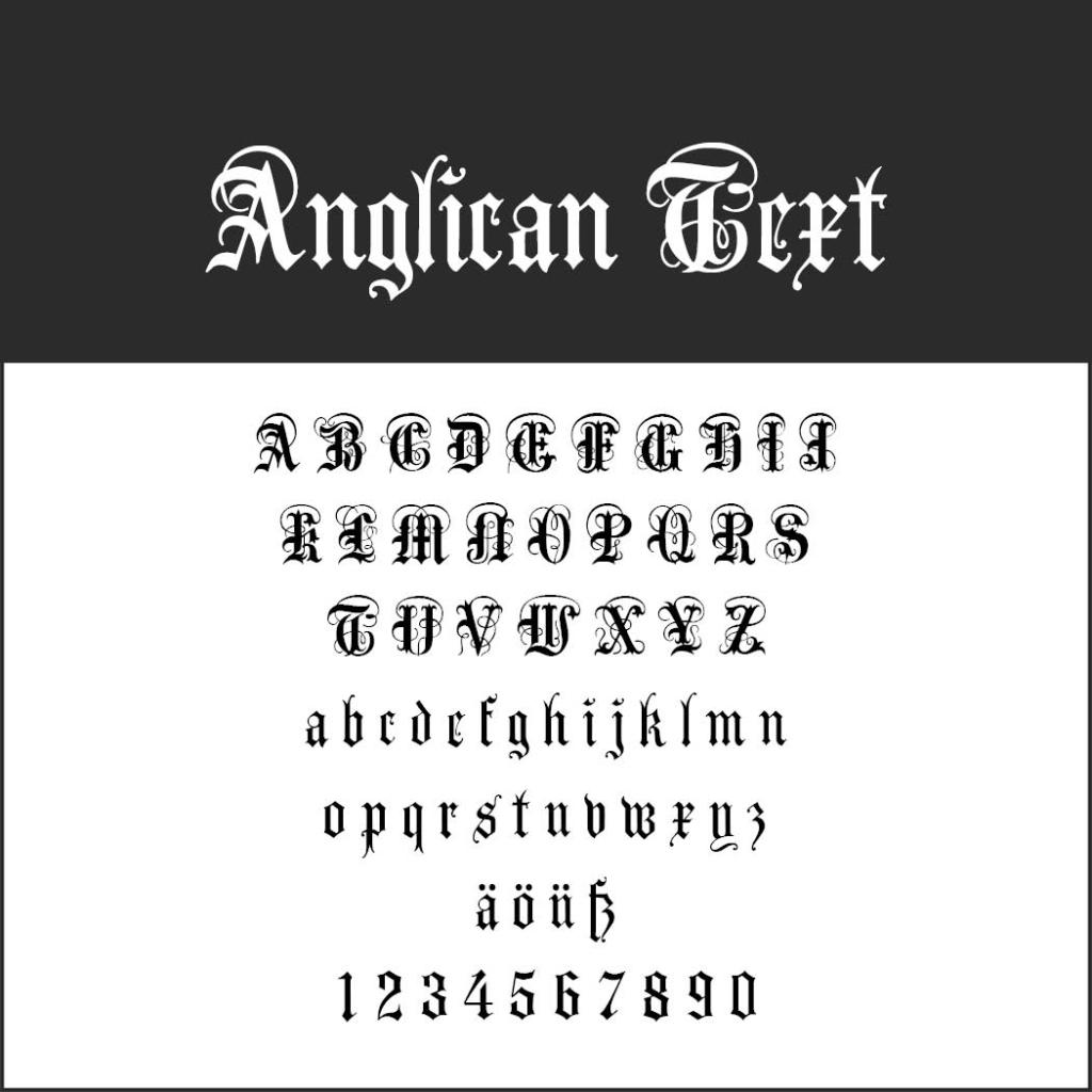 Eine Schwarzweißdarstellung der Schriftart „Anglican Text“ mit Großbuchstaben A–Z, Kleinbuchstaben a–z, Umlauten und Zahlen 0–9 im gotischen Stil.