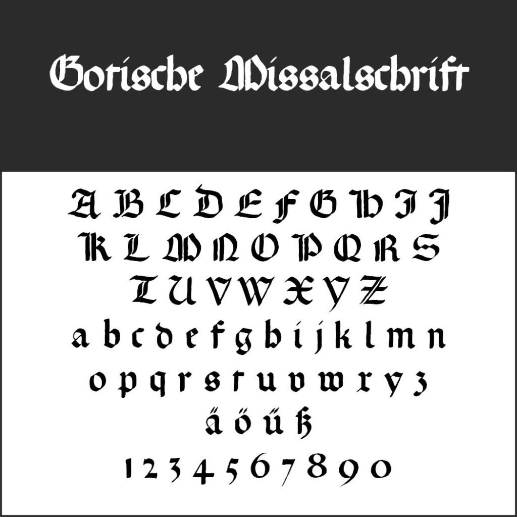 Ein Schriftbeispiel mit dem Titel „Gotische Missalschrift“ mit Groß- und Kleinbuchstaben, deutschen Umlauten und den Zahlen 0-9 im Frakturstil auf weißem Hintergrund.