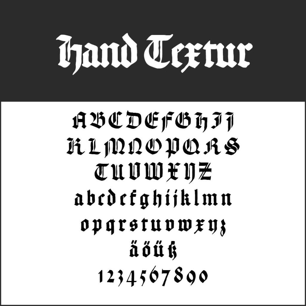 Eine Frakturschrift mit dem Titel „Hand Textur“ wird angezeigt. Das Alphabet ist in Groß- und Kleinbuchstaben dargestellt und enthält Sonderzeichen und Zahlen. Die Buchstaben haben einen klassischen, mittelalterlichen Stil mit scharfen Kanten und kunstvollen Details.