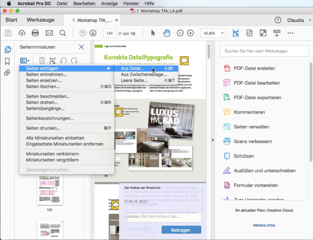 Einzelne Seiten werden am schnellsten über das Kontextmenü in Acrobat DC eingefügt
