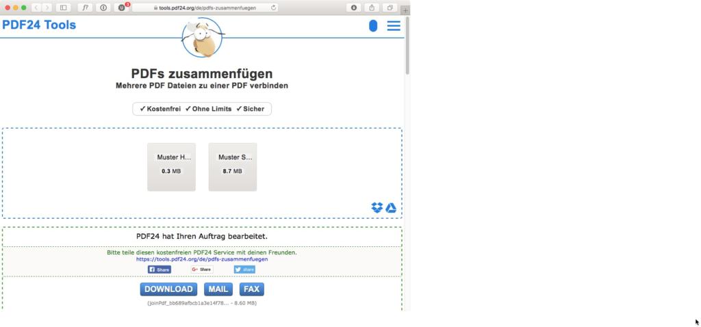 Bei pdf24 kann man sich das zusammengeführte PDF gleich schicken lassen