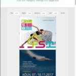 Screenshot eines PDF-Trimmtools, das ein zweiteiliges PDF anzeigt. Die obere Hälfte zeigt einen Läufer und einen Radfahrer vor einem Stadionhintergrund mit den Logos „FIBO“ und „fsm“. Die untere Hälfte wirbt für eine Fitnessmesse in Köln vom 7. bis 10. November 2017.