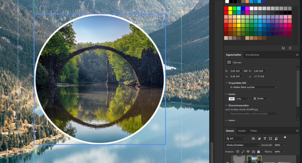 Die Benutzeroberfläche einer Bildbearbeitungssoftware zeigt das Bild einer Steinbrücke über einem ruhigen See, umgeben von Grün und Bergen. Im rechten Bereich sind Anpassungseinstellungen und Schieberegler für Farbton, Sättigung und Helligkeit sichtbar.