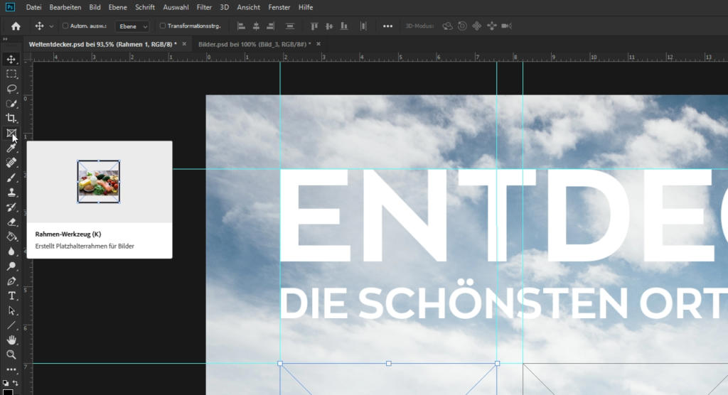 Screenshot der Benutzeroberfläche einer Designsoftware in deutscher Sprache. „ENTDECKE DIE SCHÖNSTEN ORTE“ steht in großer weißer Schrift vor blauem Himmel mit Wolken. Links sind verschiedene Werkzeugoptionen sichtbar, in der Ecke erscheint eine kleine Bildvorschau.