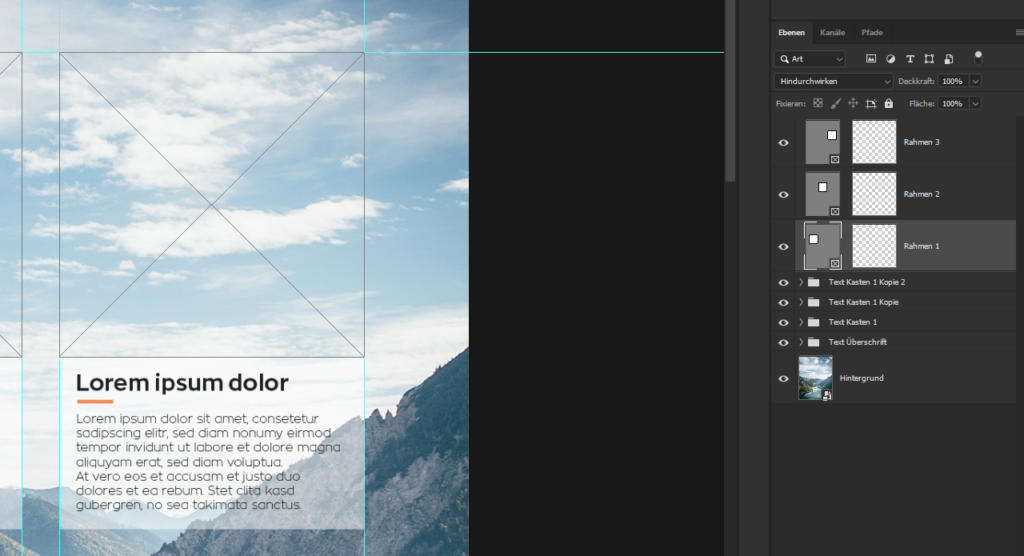 Screenshot der Benutzeroberfläche einer Grafikdesign-Software. Der Arbeitsbereich zeigt links ein Bild von Himmel und Bergen mit dem Platzhaltertext „Lorem ipsum dolor“. Rechts ist das Ebenenbedienfeld mit mehreren Ebenen und Textelementen sichtbar.