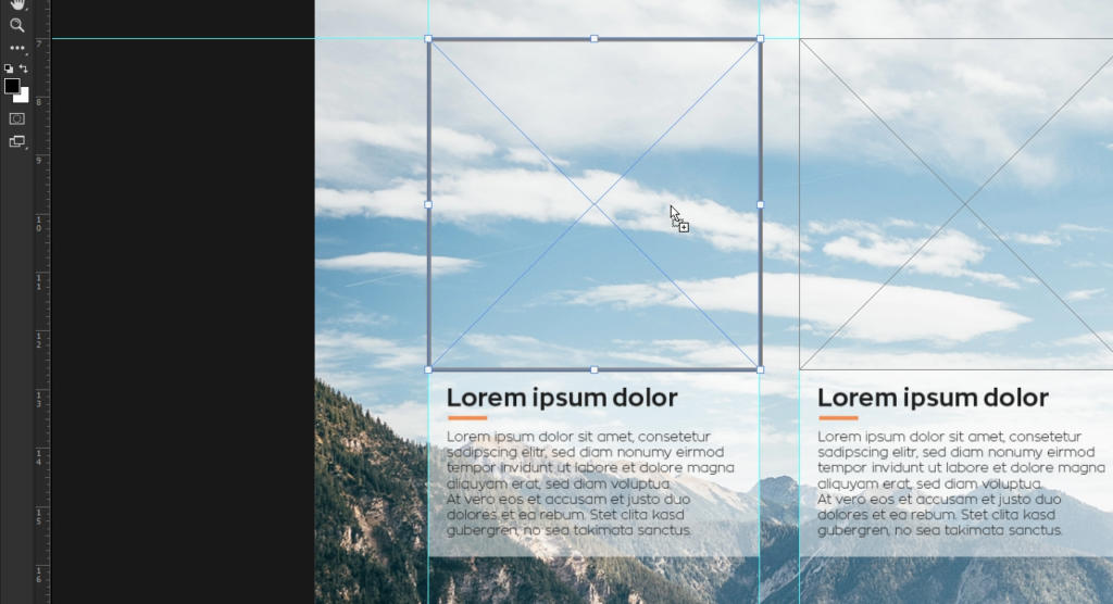Eine digitale Designoberfläche zeigt den Bildschirm einer Bildbearbeitungssoftware. Zwei Bildplatzhalter mit dem Text „Lorem ipsum dolor“ sind vor einem malerischen Hintergrund mit Bergen und leicht bewölktem Himmel sichtbar. Hilfslinien und ein Cursor sind auf dem Bildschirm zu sehen.