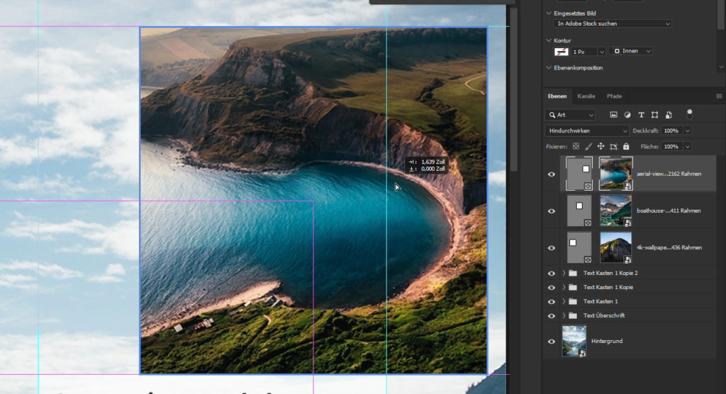 Die Benutzeroberfläche einer digitalen Bearbeitungssoftware zeigt eine Luftaufnahme einer Küstenlandschaft mit Klippen, grünen Feldern und blauem Meer. Auf der rechten Bildschirmseite sind verschiedene Bearbeitungsebenen sichtbar.