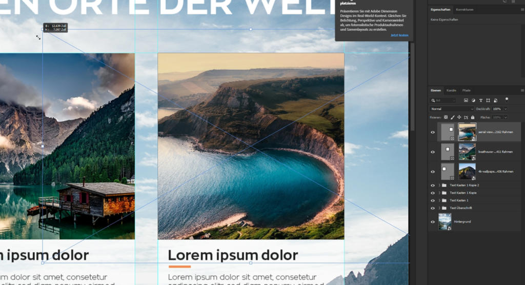 Screenshot der Benutzeroberfläche einer Grafikdesign-Software. Er zeigt zwei nebeneinander angeordnete Fotovorlagen mit Platzhaltertext darunter. Das linke Foto zeigt einen See mit Bergen; das rechte eine Küstenklippe mit Strand.