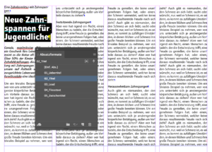 Ein digitales Layout eines deutschen Artikels mit dem Titel „Neue Zahnspangen für Jugendliche“ wird mit sichtbaren Absatzformatierungsoptionen angezeigt, die verschiedene Textstile wie „01_Titel“ und „02_Titel“ zeigen. Der Text ist in Spalten angeordnet.