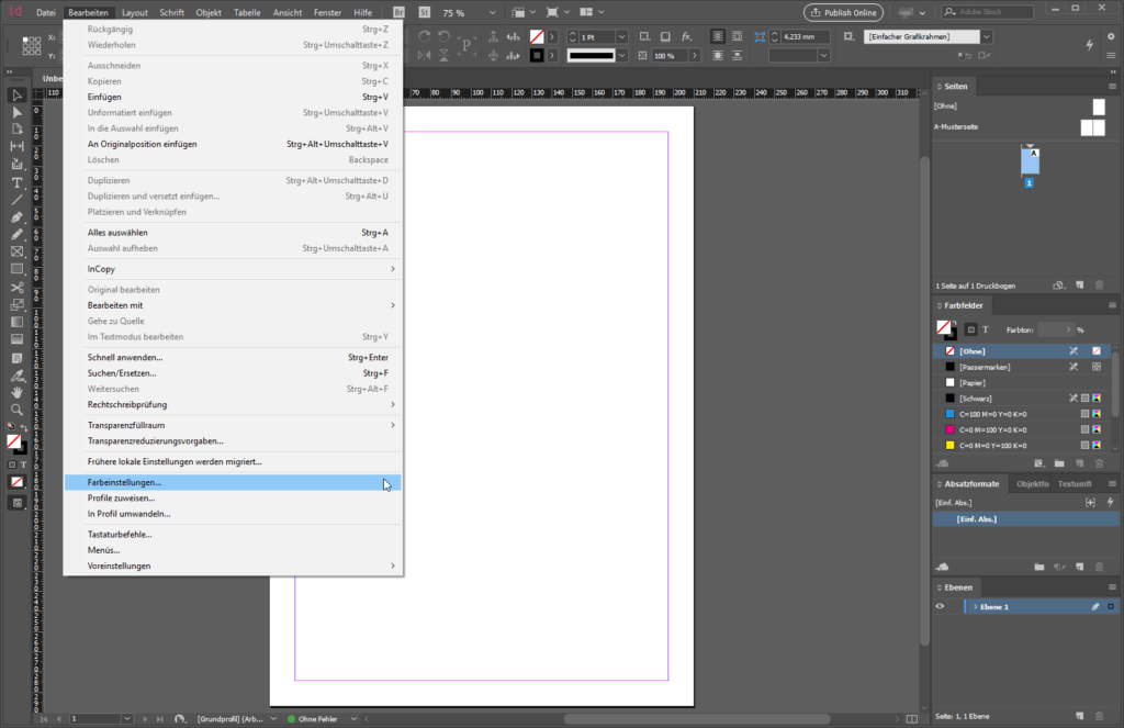 Screenshot der Benutzeroberfläche einer Grafikdesign-Software. Auf der Arbeitsfläche wird ein leeres Dokument angezeigt. Menüs und Symbolleisten sind sichtbar, mit einem Dropdown-Menü mit der Überschrift „Bearbeiten“. Im rechten Bereich sind verschiedene Ebenen aufgelistet.