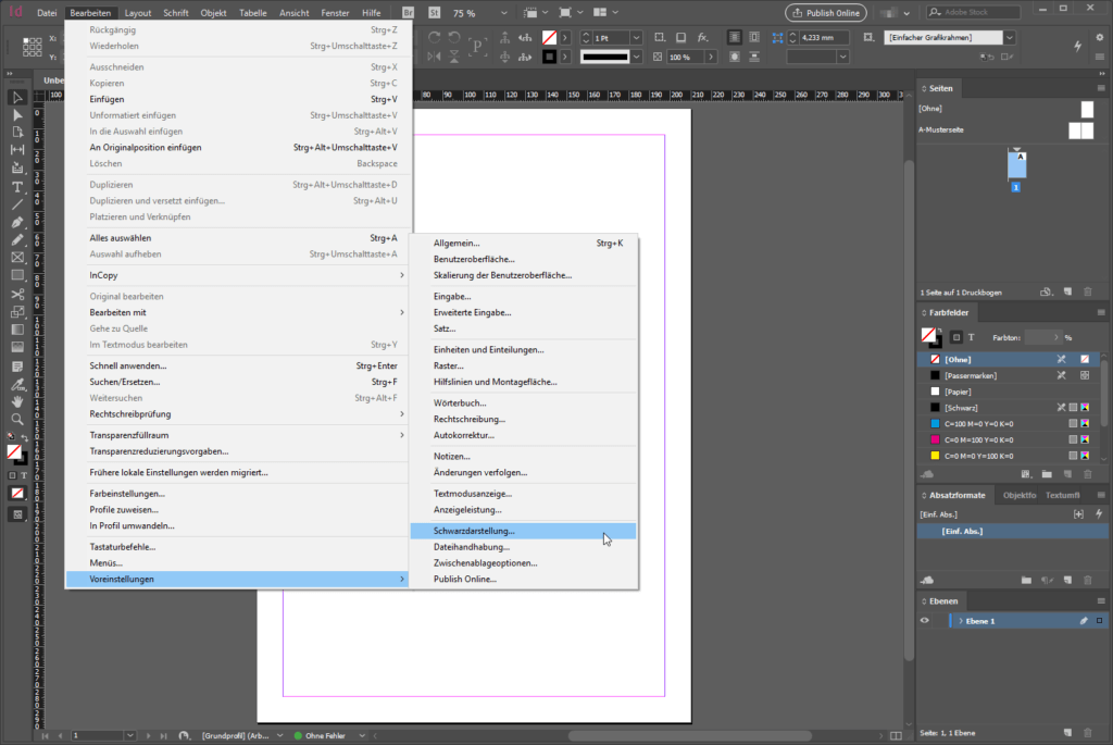 Screenshot der Adobe InDesign-Software (deutsch). Er zeigt ein Dokument mit verschiedenen geöffneten Menüs. Das Menü „Datei“ ist erweitert und hebt „Drucken“ und „Einstellungen“ hervor. Die Benutzeroberfläche zeigt Symbolleisten, Ebenen und Bedienfelder.
