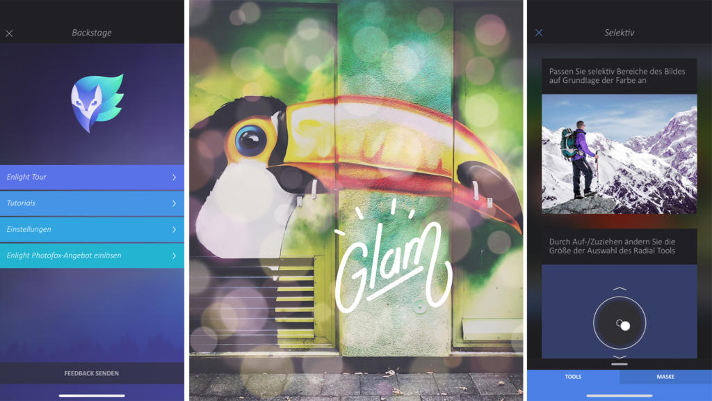 Linkes Panel: Ein digitaler Bildschirm mit einer App-Oberfläche und einem blauen, vogelähnlichen Logo – perfekt für Apps für Fotografen. Mittleres Panel: Ein Wandbild eines Tukans mit der Aufschrift „Glam“. Rechtes Panel: Ein Mann in Winterkleidung auf einem verschneiten Berg, dargestellt in einer Fotobearbeitungs-App.