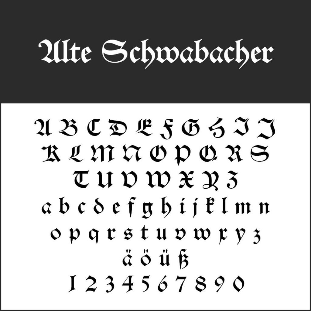 Schriftbeispiel im gotischen Stil mit Groß- und Kleinbuchstaben, deutschen Umlauten und den Ziffern 0-9. Der Schriftname „Ute Schwabacher“ wird oben im gleichen Stil angezeigt.