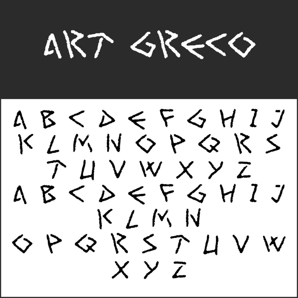 Das Bild zeigt oben den Schriftzug „ART GRECO“ in stilisierter Schrift. Darunter ist das gesamte Alphabet zweimal dargestellt, jeder Buchstabe in einer einzigartigen, eckigen, zusammenhängenden Form, die an antike Schrift erinnert. Die Buchstaben sind auf weißem Hintergrund angeordnet.