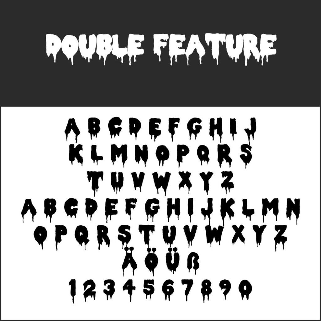 Alphabet-Diagramm in der Horror-Schriftart „Double Feature“, ideal für Plakatschriften. Die Buchstaben und Zahlen wirken tropfenförmig und verwittert und zeigen Großbuchstaben von A bis Z sowie die Ziffern 0 bis 9. Sonderzeichen wie Ä, Ö und Ü sind enthalten, wobei der Titel prominent oben angezeigt wird.