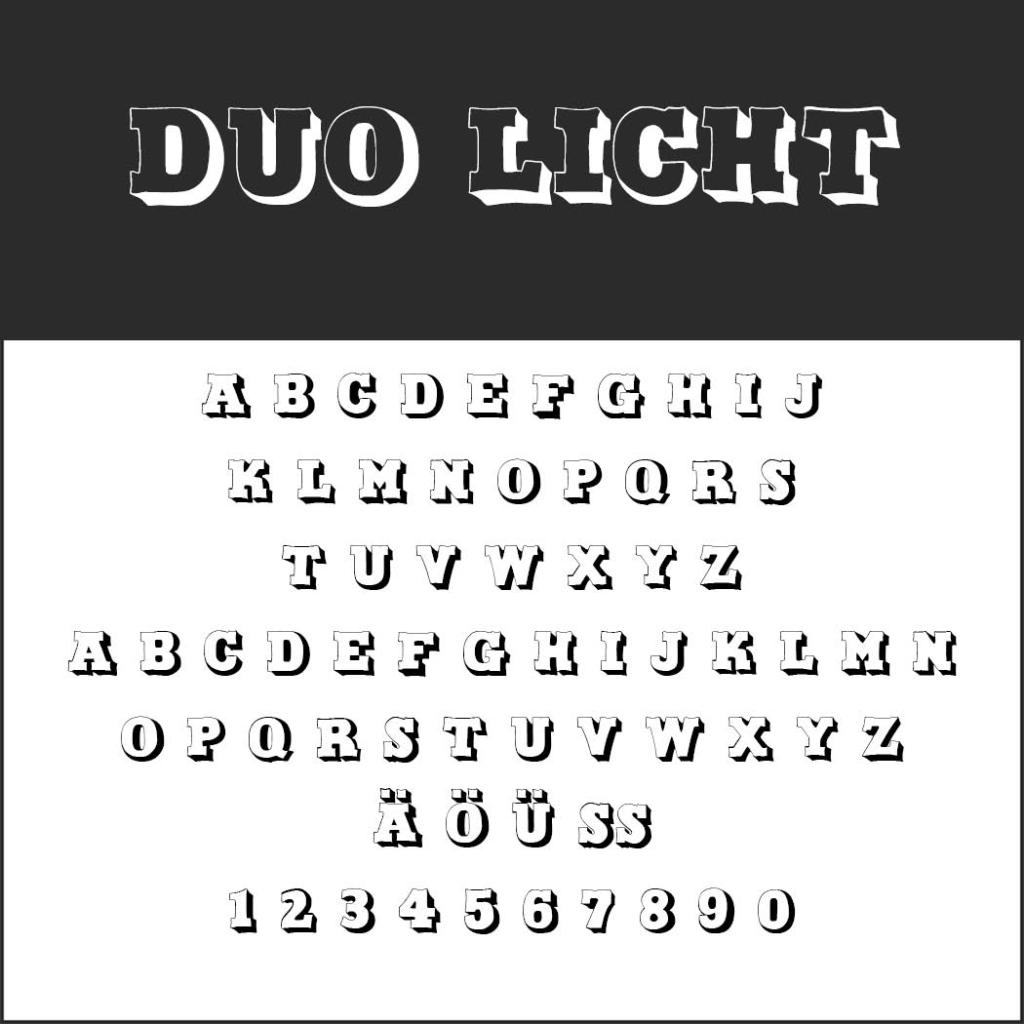 Ein Beispielbild mit dem Titel „Duo Licht“ zeigt die Großbuchstaben A–Z, die zur Hervorhebung wiederholt werden, sowie die deutschen Umlaute Ä, Ö, Ü, ß und die Ziffern 0–9. Der Text wird vor einem weiß-schwarzen Hintergrund angezeigt.