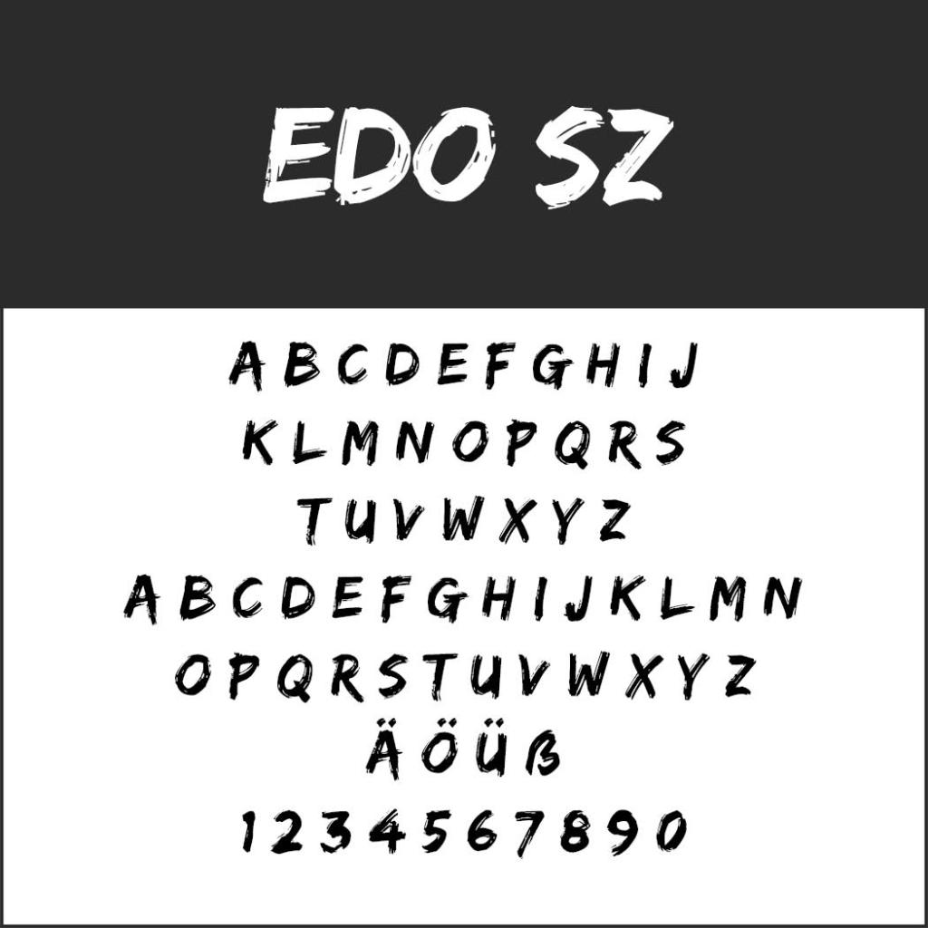 Eine digitale Grafik hebt die Schriftart „Edo SZ“ in einem handgezeichneten Stil hervor, der sich perfekt für Schriften für Plakate eignet. Sie enthält Großbuchstaben in normaler und fetter Schrift, die Ziffern 0–9 sowie die Sonderbuchstaben Ä, Ö, Ü und ß. Der Hintergrund ist kreativ in Schwarz-Weiß-Bereiche unterteilt.