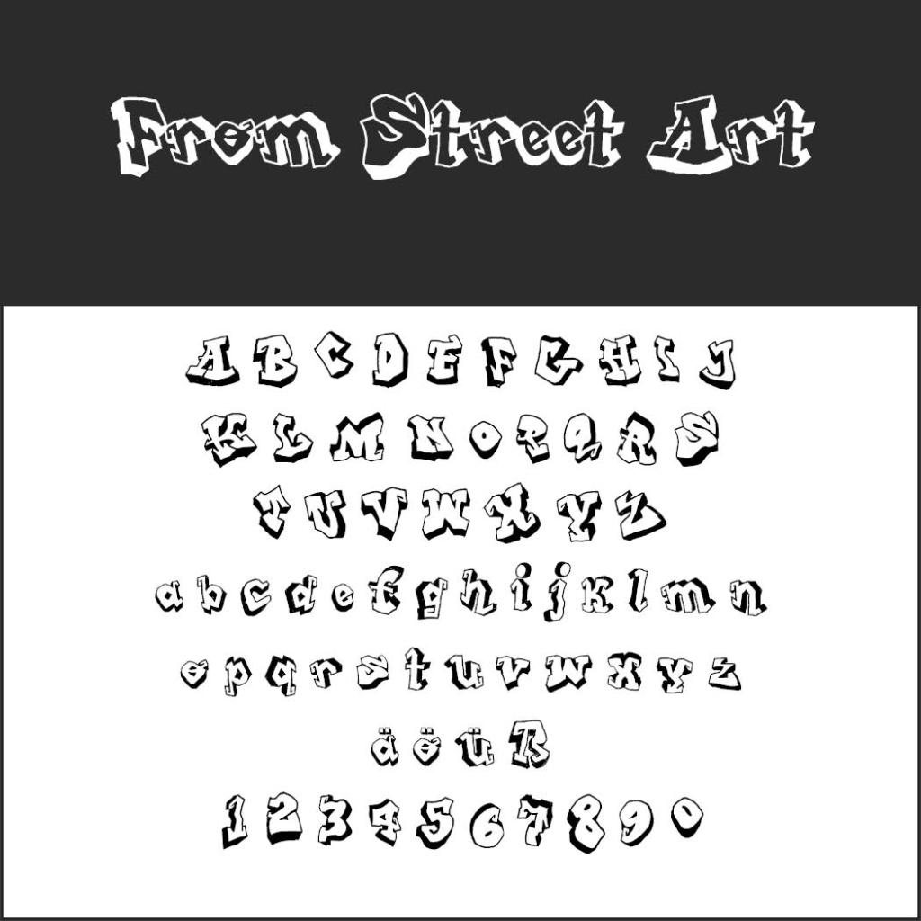 Graffiti-Schriftart mit dem Titel „From Street Art“ mit fetten, kantigen Groß- und Kleinbuchstaben. Enthält Ziffern und die Sonderzeichen „ä“ und „ö“. Die Buchstaben erzeugen einen dreidimensionalen Schatteneffekt vor schwarz-weißem Hintergrund.