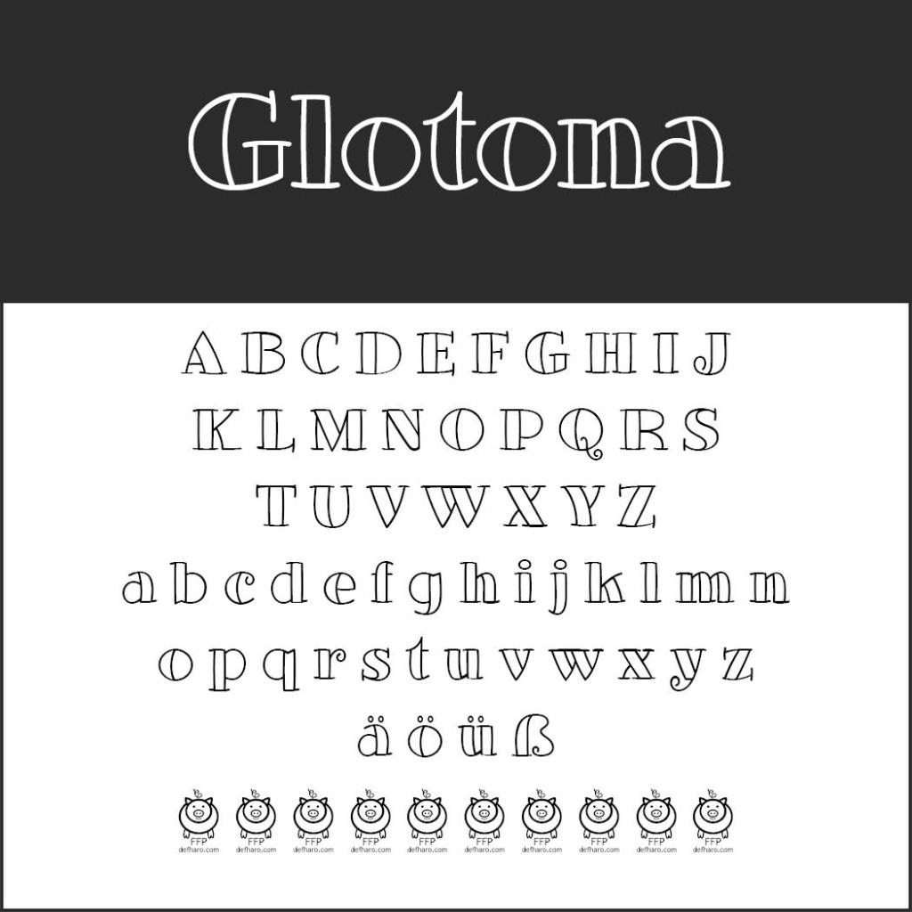 Ein Schriftbeispiel mit dem Titel „Glotona“ mit Groß-, Klein- und Sonderzeichen. Unter den Buchstaben befinden sich Abbildungen skurriler Kreaturen mit verschiedenen Ausdrücken.