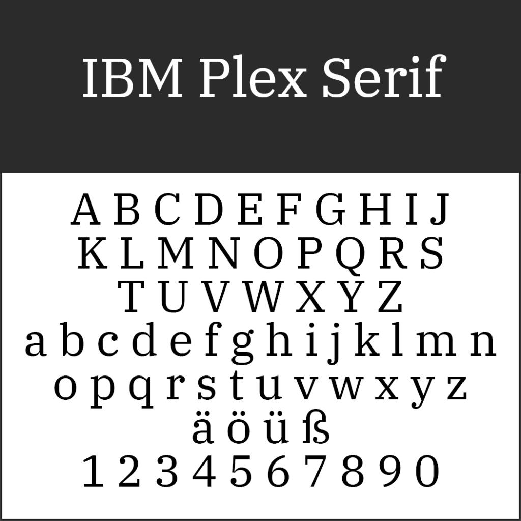 Das Bild zeigt das Alphabet und die Zahlen in der Schriftart IBM Plex Serif. Es enthält Großbuchstaben A–Z, Kleinbuchstaben a–z, Umlaute (ä, ö, ü) und die Zahlen 0–9 auf weißem Hintergrund.