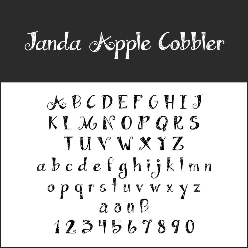 Ein schwarz-weißes Schriftbeispiel namens „Janda Apple Cobbler“, ideal für Schriften für Rezepte, mit Groß- und Kleinbuchstaben, den Zahlen 0-9 und Sonderzeichen. Die Buchstaben bestechen durch ihren skurrilen, handschriftlichen Stil mit dekorativen Elementen.