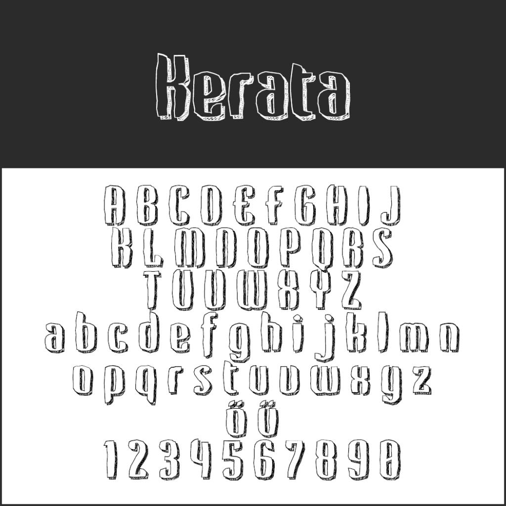 Ein Beispiel für eine fette Schriftart im Vintage-Stil namens „Kerata“ wird angezeigt. Sie enthält die Groß- und Kleinbuchstaben A–Z, deutsche Umlaute und die Ziffern 0–9. Die Buchstaben wirken strukturiert und holzschnittartig und stehen auf einem schwarz-weißen Hintergrund.