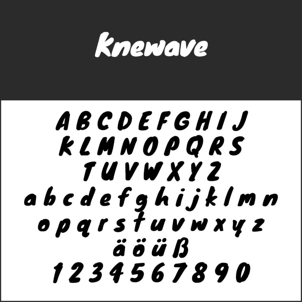 Ein Schwarz-Weiß-Bild der Schriftart „Knewave“, perfekt für Schriften für Plakate. Es enthält fette, kursive Groß- und Kleinbuchstaben, Sonderzeichen wie Umlaute und ß sowie die Ziffern 0-9.
