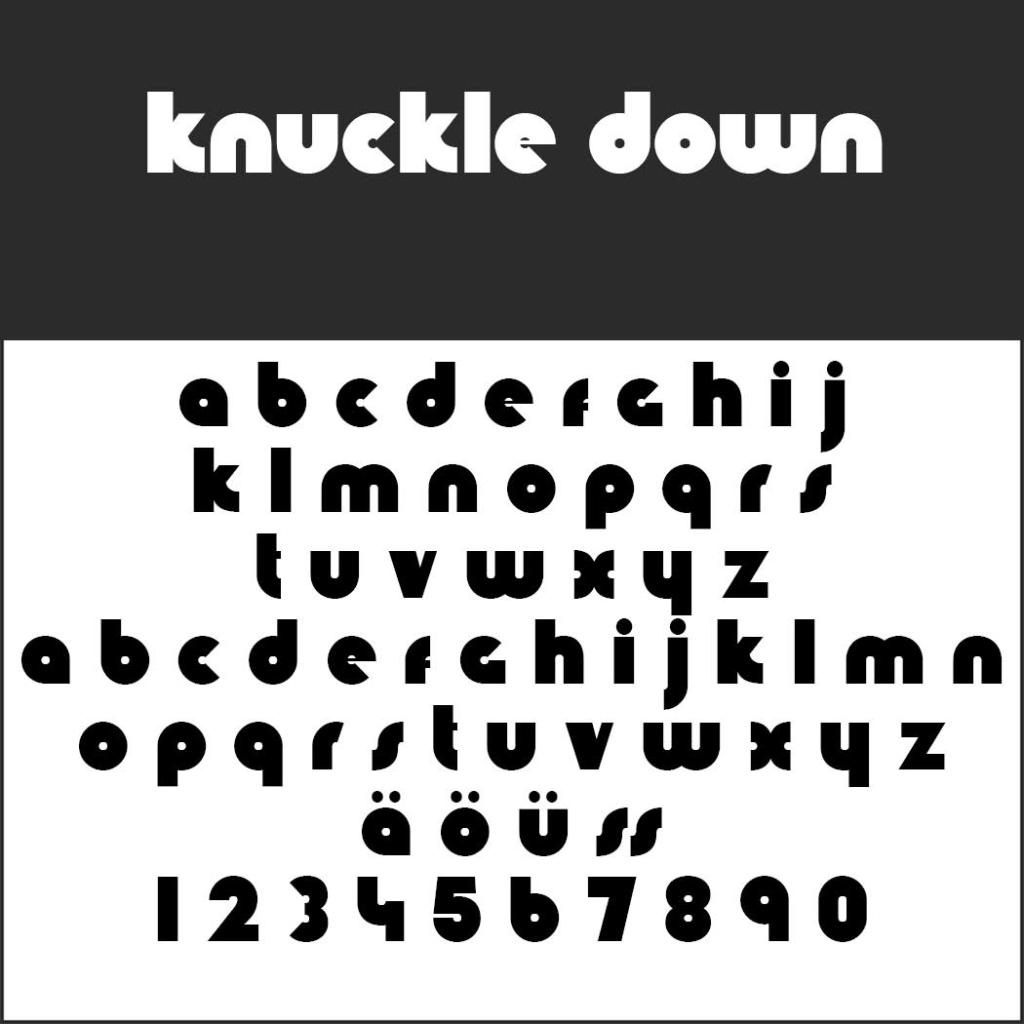 Entdecken Sie „Knuckle Down“, eine kräftige, abgerundete Schriftart, die sich perfekt für alle eignet, die nach Schriften für Plakate suchen. Auf dunklem Hintergrund präsentiert sie die Buchstaben a-z, ä, ö, ü, ß und die Ziffern 0-9 in strahlendem Weiß.