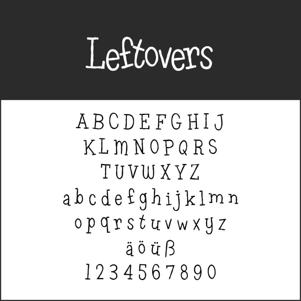 Hier wird ein Beispiel der Schriftart „Leftovers“ angezeigt, die sich perfekt für Schriften für Rezepte eignet. Sie enthält Groß- und Kleinbuchstaben des englischen Alphabets, die Sonderzeichen „ä“, „ö“, „ü“, „ß“ und die Ziffern 0–9. Der Schriftstil ist verspielt und lässig und verleiht jeder Rezeptkarte eine verspielte Note.