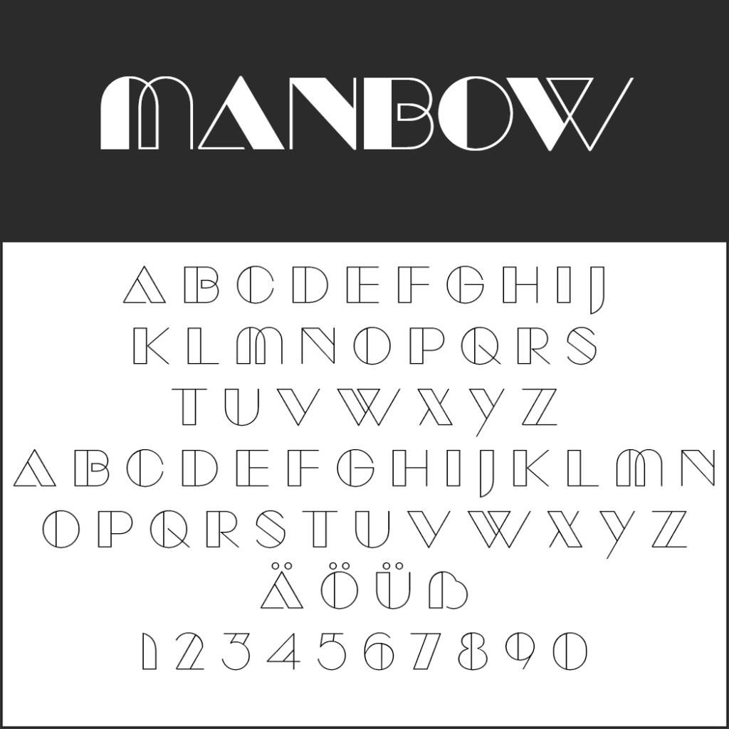 Stilisierte Schriftdarstellung mit dem Großbuchstaben „MANBOW“ oben. Darunter werden Großbuchstaben des Alphabets, das umlautierte „ÄÖÜ“ und die Ziffern „0-9“ in geometrischer Umrissform dargestellt. Schwarz-weißes Farbschema.