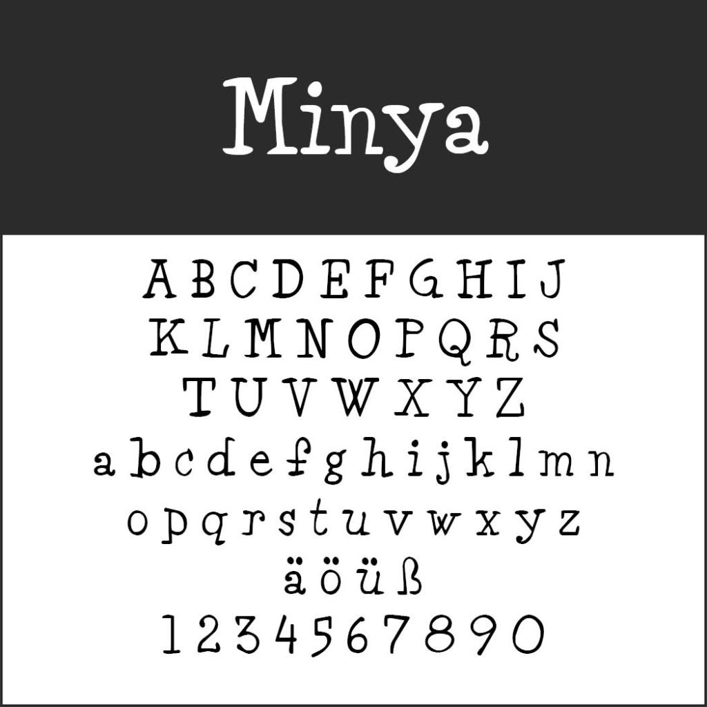 Schwarz-weißes Bild der Schriftart „Minya“, die als verspielte und dekorative Wahl ideal für Schriften für Rezepte konzipiert ist. Es enthält die Groß- und Kleinbuchstaben A–Z, die Akzentbuchstaben ä, ö, ü, ß und die Ziffern 0–9.